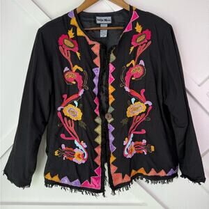 Indigo Moon Black Embroidered Floral Jacket 1X – Boho Artwear Cotton Linen Blend